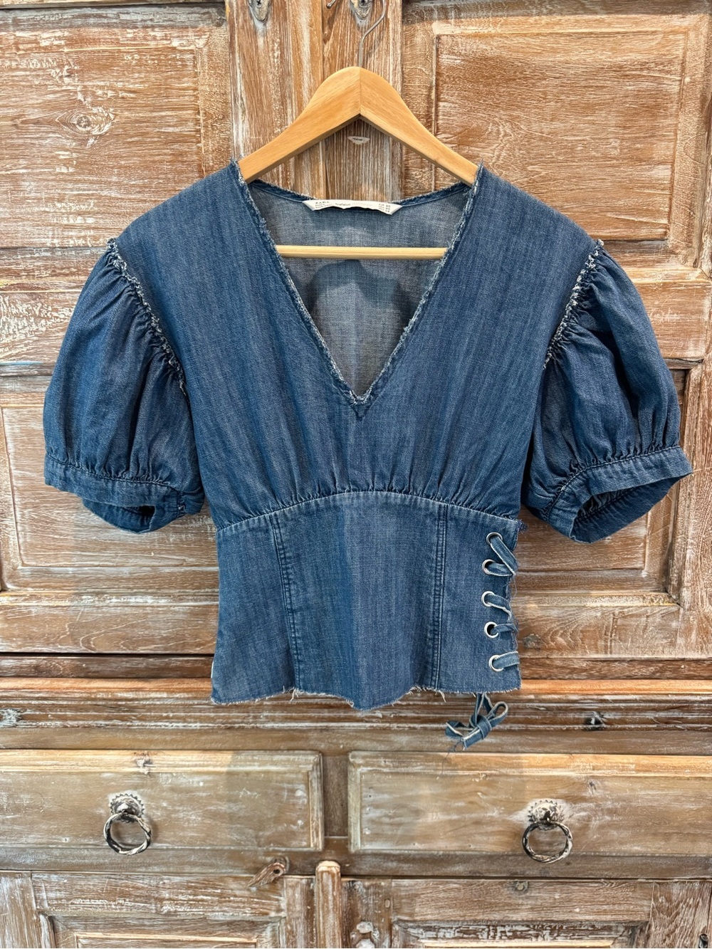 Zara Blue Denim V-Neck Puff Sleeve Top with Side Lace-Up Western Country